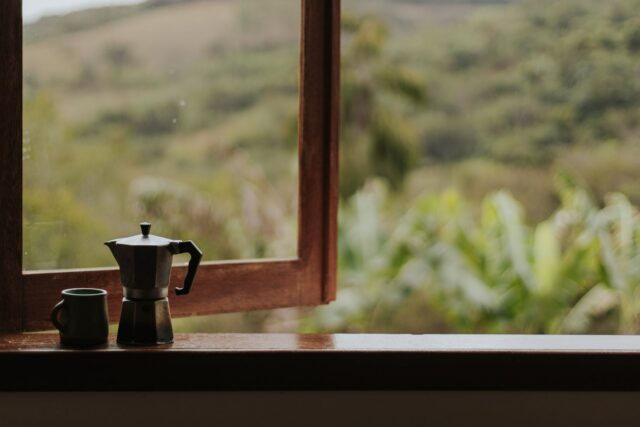 Ceașcă de cafea pe pervazul unei ferestre luminoase, lângă câteva plante verzi, într-o dimineață liniștită